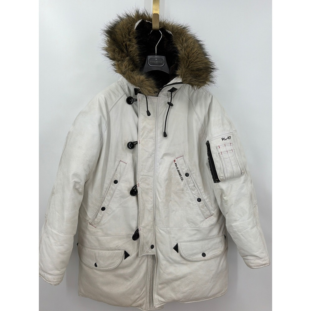 Polo Jeans Co Ralph Lauren White Leather Down Parka Hooded Jacket RL-67 Small